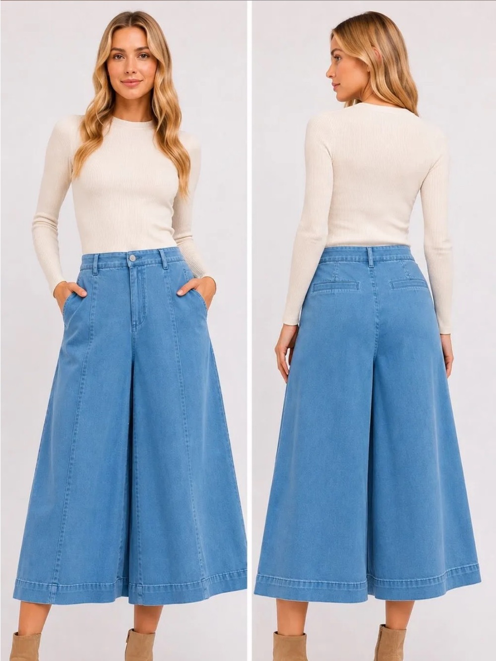 Zenana Outfitters Light Blue Wide-Leg Gaucho Jeans